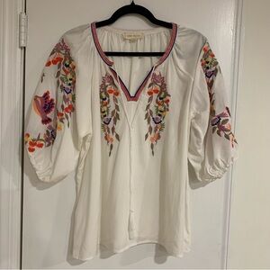 Luna Moon Bohemian Embroidered Tassel Tie Puff Sleeve Top Colorful Sz Medium